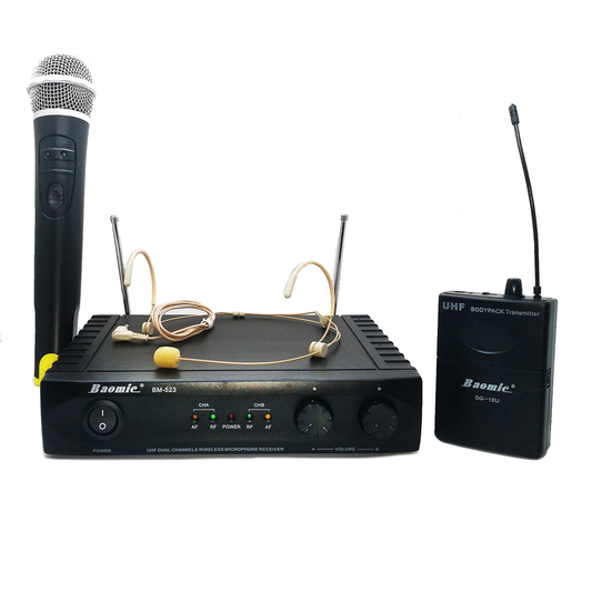 Micrófono Inalámbrico doble de mano y diadema Baomic BM-523