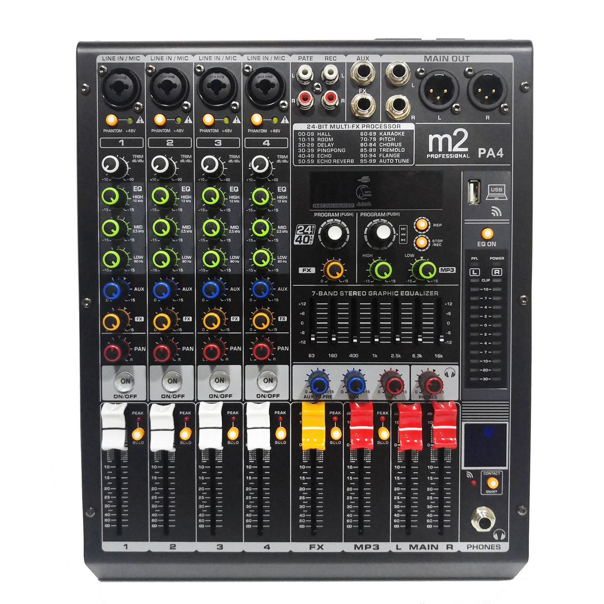 Mezcladora de 4 canales c/efectos, BT y MP3 M2 PA4